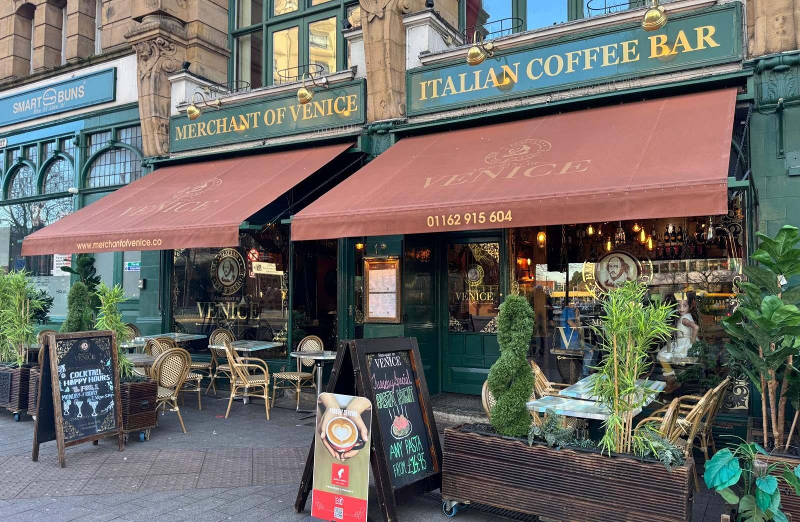 The Merchant of Venice Italian Coffee Bar frontage on Granby Street, Leicester, a short walk from Leicester train station