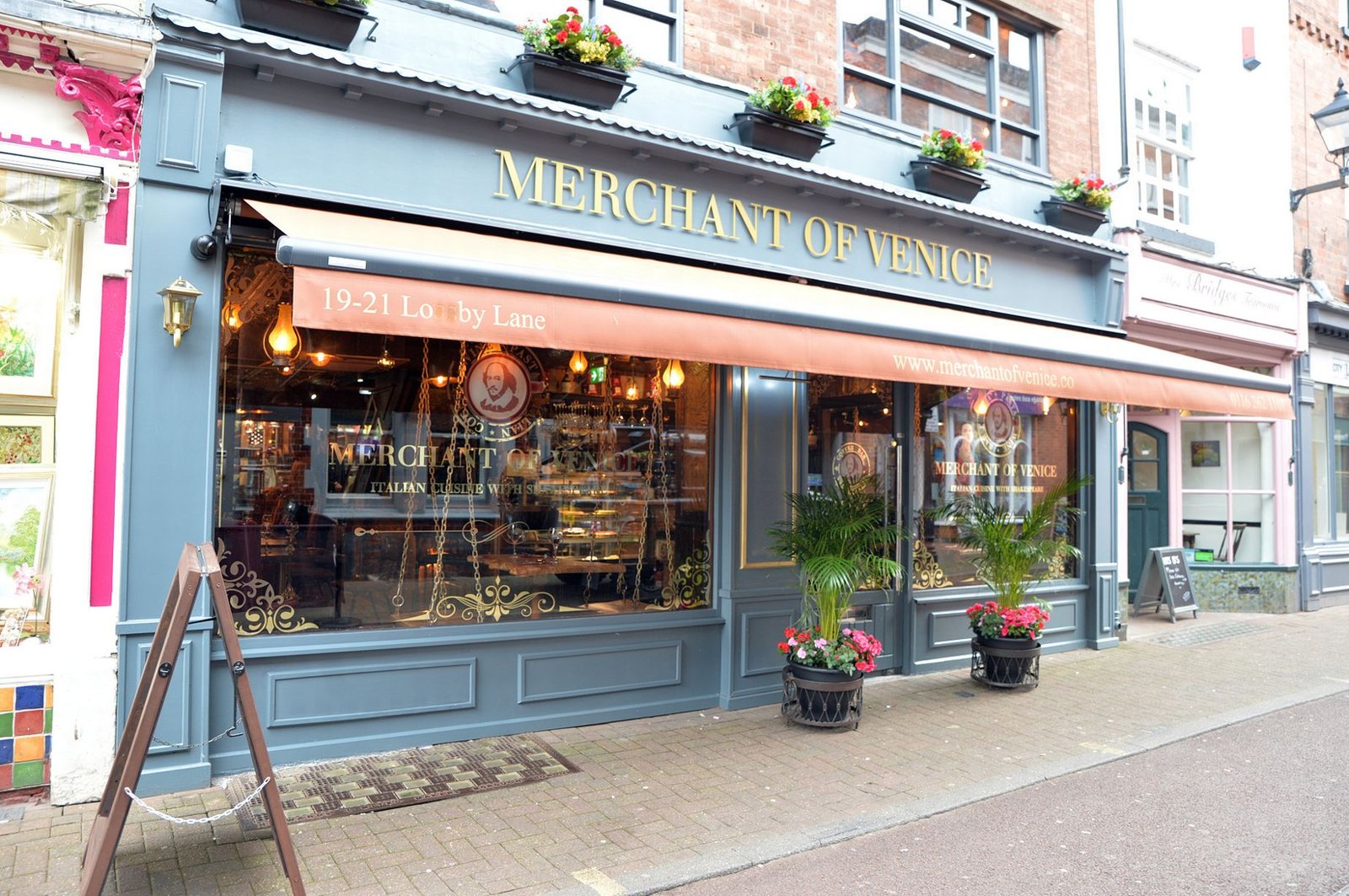 The Merchant of Venice restaurant frontage at 19-21 Loseby Lane in the Lanes quarter of Leicester, near Highcross