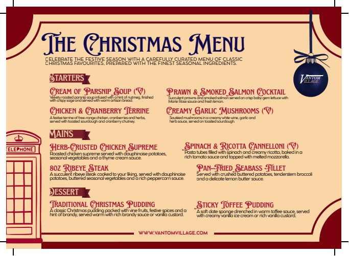 Christmas Party Menu at Vantom Village, Merchant of Venice Patchings